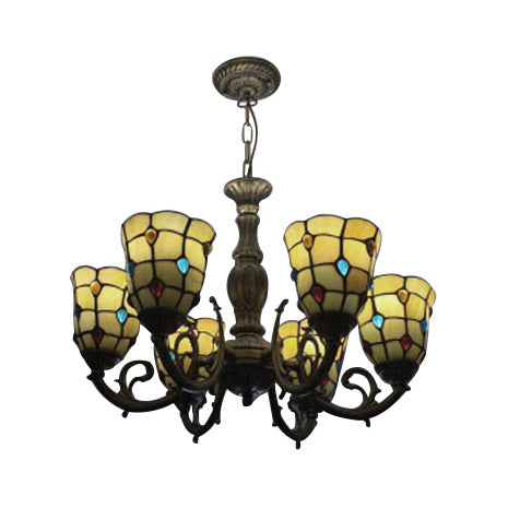 6 Bulbs Bell Hanging Light with Bead Tiffany Vintage Glass Chandelier in Yellow for Study Room Clearhalo 'Ceiling Lights' 'Chandeliers' 'Industrial' 'Middle Century Chandeliers' 'Tiffany Chandeliers' 'Tiffany close to ceiling' 'Tiffany' Lighting' 98744
