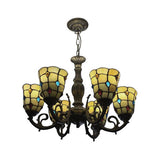 6 Bulbs Bell Hanging Light with Bead Tiffany Vintage Glass Chandelier in Yellow for Study Room Clearhalo 'Ceiling Lights' 'Chandeliers' 'Industrial' 'Middle Century Chandeliers' 'Tiffany Chandeliers' 'Tiffany close to ceiling' 'Tiffany' Lighting' 98744