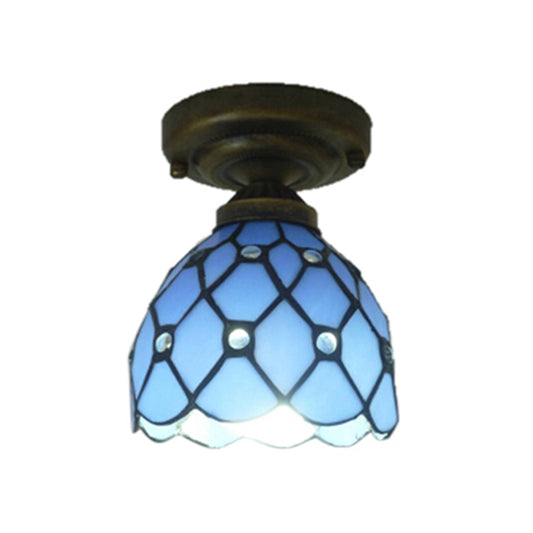 1 Head Grid Domed Ceiling Lamp Tiffany Traditional Glass Flush Mount Light in Blue for Study Room Blue Clearhalo 'Ceiling Lights' 'Close To Ceiling Lights' 'Close to ceiling' 'Glass shade' 'Glass' 'Semi-flushmount' 'Tiffany close to ceiling' 'Tiffany' Lighting' 98762