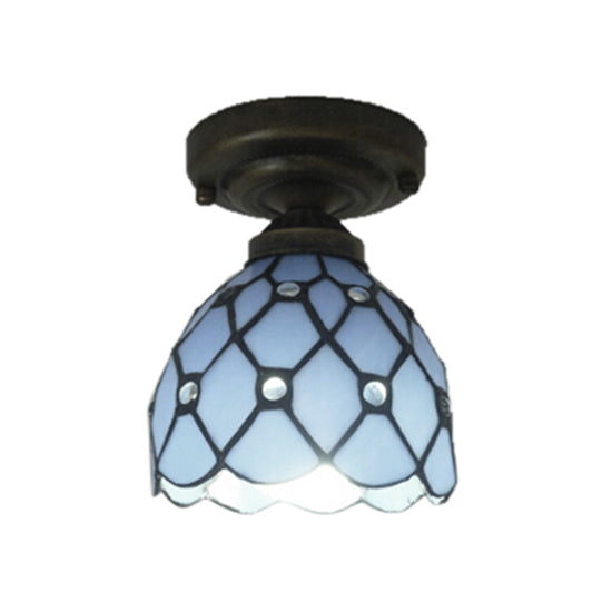1 Head Grid Domed Ceiling Lamp Tiffany Traditional Glass Flush Mount Light in Blue for Study Room Clearhalo 'Ceiling Lights' 'Close To Ceiling Lights' 'Close to ceiling' 'Glass shade' 'Glass' 'Semi-flushmount' 'Tiffany close to ceiling' 'Tiffany' Lighting' 98763
