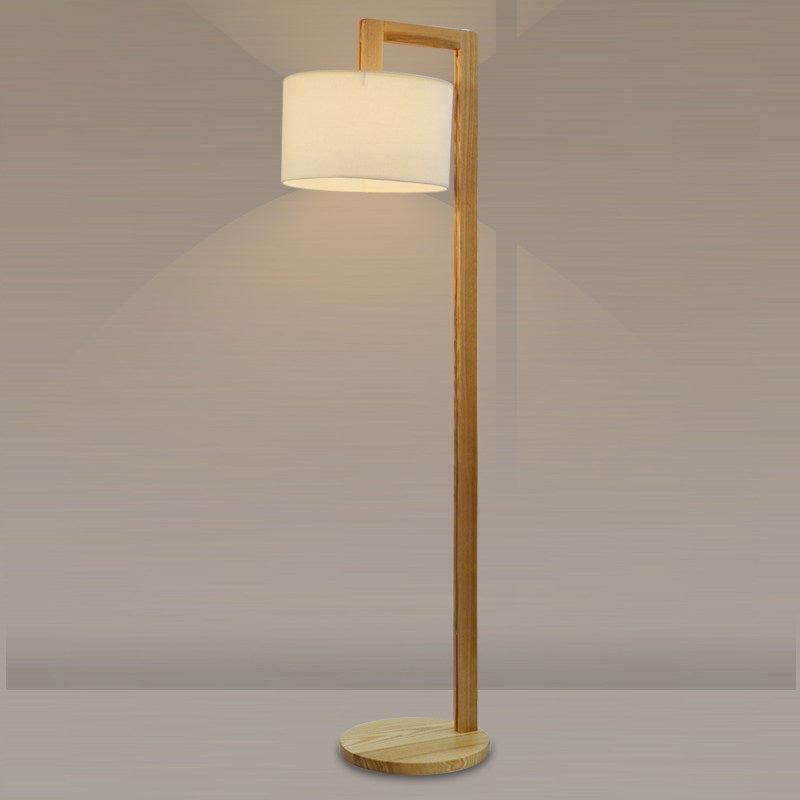 Wood Right Angle Arm Floor Lamp Asian Single Head Beige Floor Standing Lamp with Drum Fabric Shade Wood Clearhalo 'Floor Lamps' 'Lamps' Lighting' 987635