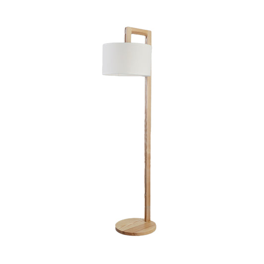 Wood Right Angle Arm Floor Lamp Asian Single Head Beige Floor Standing Lamp with Drum Fabric Shade Clearhalo 'Floor Lamps' 'Lamps' Lighting' 987637