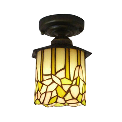 Cylinder Study Room Ceiling Lamp Stained Glass 1 Head Tiffany Rustic Flushmount Light in Beige Beige Clearhalo 'Ceiling Lights' 'Close To Ceiling Lights' 'Close to ceiling' 'Glass shade' 'Glass' 'Semi-flushmount' 'Tiffany close to ceiling' 'Tiffany' Lighting' 98764