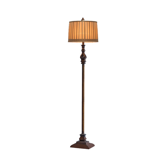 Traditional 1 Head Wood Standing Floor Light with Plated Fabric Shade Dark Coffee Drum Floor Lamp Clearhalo 'Floor Lamps' 'Lamps' Lighting' 987641
