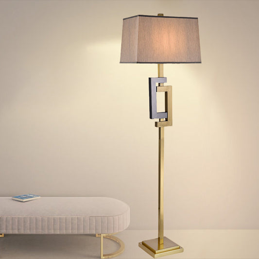 Gold Finish Rectangle Standing Floor Light Modern Single Brown Fabric Shade Floor Lamp Clearhalo 'Floor Lamps' 'Lamps' Lighting' 987656