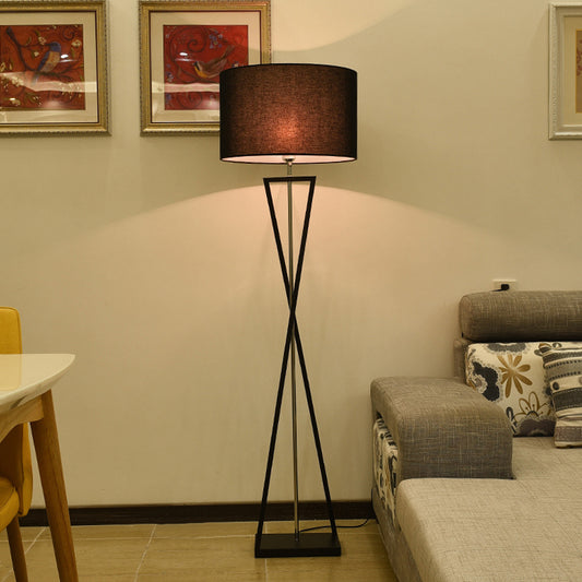 Crossing Line Iron Stand Up Lamp Modern 1 Bulb White/Black/White-Black Reading Floor Lamp with Drum Fabric Shade Clearhalo 'Floor Lamps' 'Lamps' Lighting' 987664