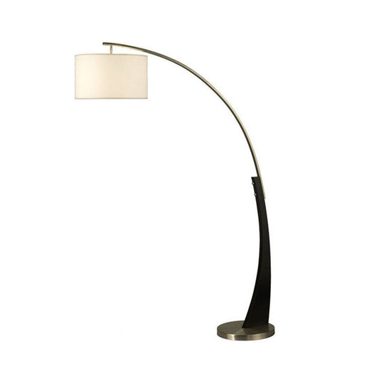 Modernist Overarching Floor Light Metal Single Living Room Floor Lamp with Drum White Fabric Shade in Black Clearhalo 'Floor Lamps' 'Lamps' Lighting' 987701