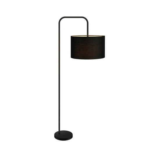 Black Drum Shade Reading Floor Light Simplicity Single Fabric Floor Lamp with Right Angle Arm Clearhalo 'Floor Lamps' 'Lamps' Lighting' 987705