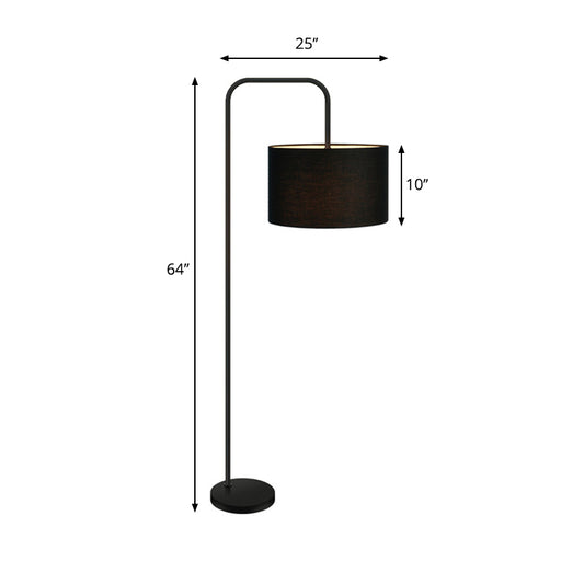 Black Drum Shade Reading Floor Light Simplicity Single Fabric Floor Lamp with Right Angle Arm Clearhalo 'Floor Lamps' 'Lamps' Lighting' 987706