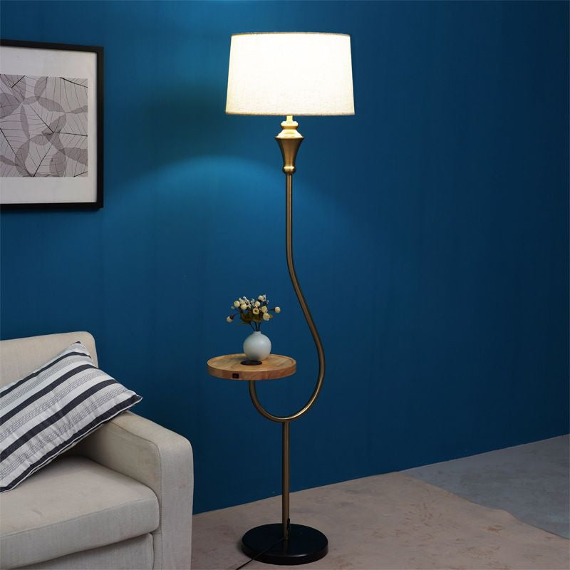 Modernism Drum Shade Stand Up Lamp Fabric Single Head Bedroom Floor Light with Shelf in Gold Clearhalo 'Floor Lamps' 'Lamps' Lighting' 987708
