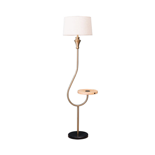 Modernism Drum Shade Stand Up Lamp Fabric Single Head Bedroom Floor Light with Shelf in Gold Clearhalo 'Floor Lamps' 'Lamps' Lighting' 987709