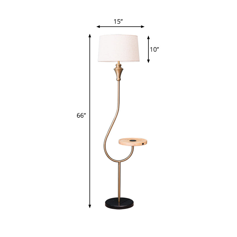 Modernism Drum Shade Stand Up Lamp Fabric Single Head Bedroom Floor Light with Shelf in Gold Clearhalo 'Floor Lamps' 'Lamps' Lighting' 987710