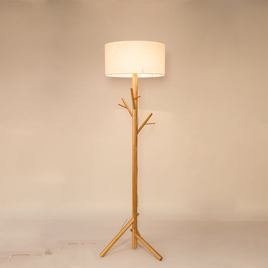 Drum White Fabric Floor Standing Light Contemporary 1-Bulb Wood Tree Stand Up Lamp Clearhalo 'Floor Lamps' 'Lamps' Lighting' 987712