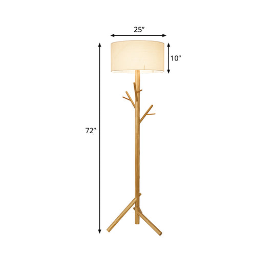 Drum White Fabric Floor Standing Light Contemporary 1-Bulb Wood Tree Stand Up Lamp Clearhalo 'Floor Lamps' 'Lamps' Lighting' 987714