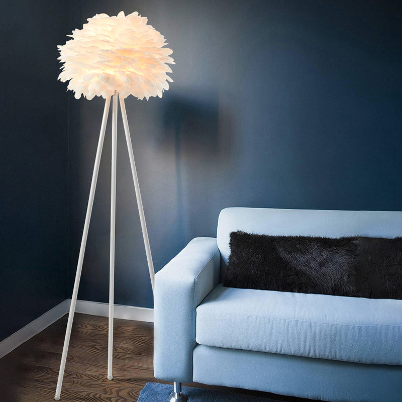 Metal Tripod Standing Floor Light Contemporary 1-Head Floor Lamp with Feather Shade in White White Clearhalo 'Floor Lamps' 'Lamps' Lighting' 987715