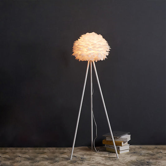 Metal Tripod Standing Floor Light Contemporary 1-Head Floor Lamp with Feather Shade in White Clearhalo 'Floor Lamps' 'Lamps' Lighting' 987716