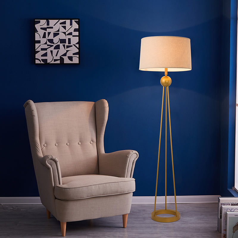 1-Light Living Room Stand Up Lamp Modernist White/Black/Flaxen Tripod Floor Lamp with Drum Fabric Shade Clearhalo 'Floor Lamps' 'Lamps' Lighting' 987724