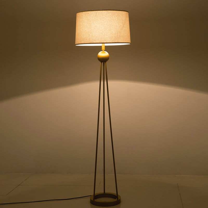 1-Light Living Room Stand Up Lamp Modernist White/Black/Flaxen Tripod Floor Lamp with Drum Fabric Shade Clearhalo 'Floor Lamps' 'Lamps' Lighting' 987725