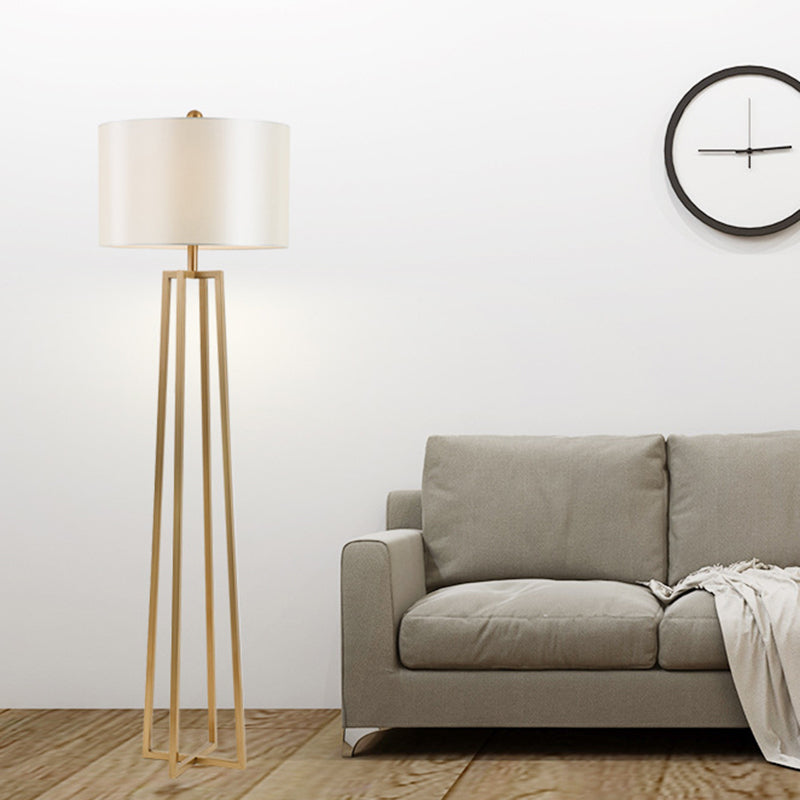 White Fabric Drum Shade Floor Light Modernist 1-Head Quadruped Floor Standing Lamp in Gold Clearhalo 'Floor Lamps' 'Lamps' Lighting' 987732