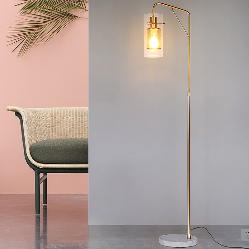 Metal Tube Mesh Reading Floor Lamp Postmodern 1 Light Gold Stand Up Lamp with Clear Glass Shade Clearhalo 'Floor Lamps' 'Lamps' Lighting' 987736