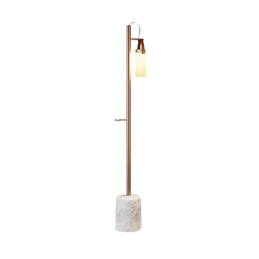 Gold Tubular Standing Floor Light Post Modern 1 Light Opal Glass Floor Lamp with Leatherwear Handle Clearhalo 'Floor Lamps' 'Lamps' Lighting' 987740