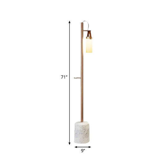 Gold Tubular Standing Floor Light Post Modern 1 Light Opal Glass Floor Lamp with Leatherwear Handle Clearhalo 'Floor Lamps' 'Lamps' Lighting' 987742
