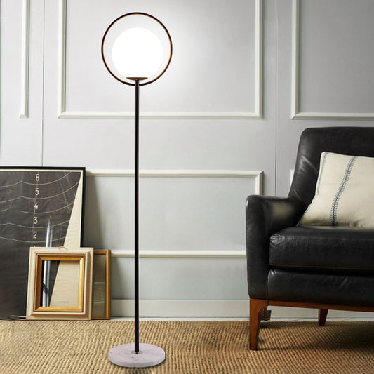 Halo Ring Floor Lamp Minimalism Metal 1 Head Black/Gold Stand Up Light with Globe White Glass Shade Black Clearhalo 'Floor Lamps' 'Lamps' Lighting' 987747