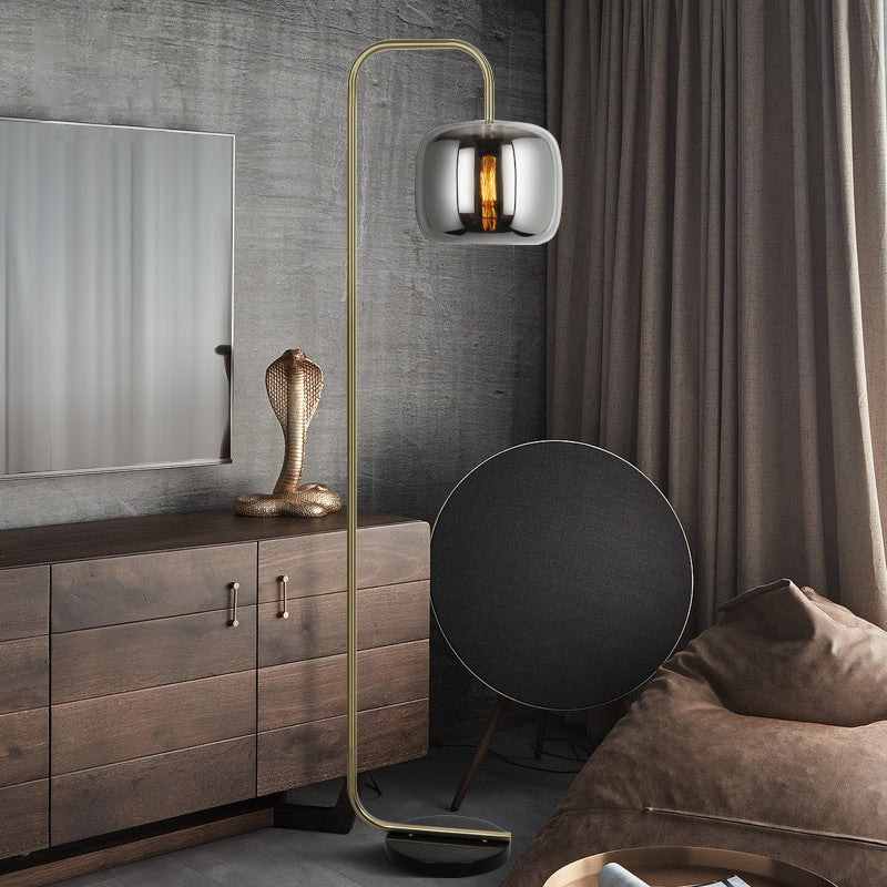 Smoke Gray Glass Drum Stand Up Light Modern 1 Bulb Gold Standing Floor Lamp for Bedroom Clearhalo 'Floor Lamps' 'Lamps' Lighting' 987792