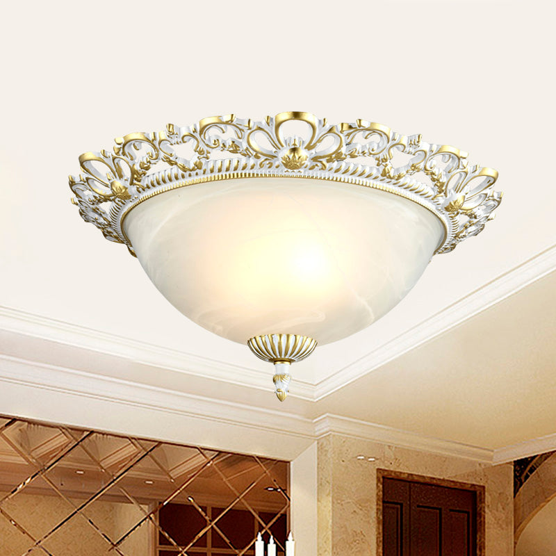 2/3-Light Opal Frosted Glass Flushmount Countryside Brass/White Floral-Trim Dome Hallway Ceiling Lamp, 11"/19.5" Wide White Clearhalo 'Ceiling Lights' 'Close To Ceiling Lights' 'Close to ceiling' 'Flush mount' Lighting' 987799