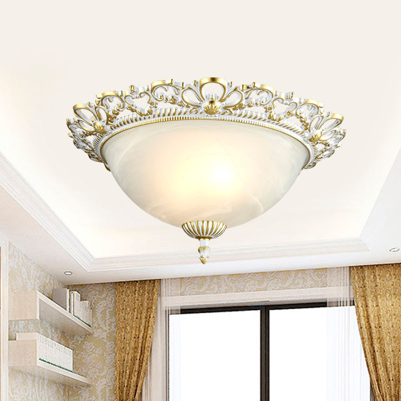 2/3-Light Opal Frosted Glass Flushmount Countryside Brass/White Floral-Trim Dome Hallway Ceiling Lamp, 11"/19.5" Wide Clearhalo 'Ceiling Lights' 'Close To Ceiling Lights' 'Close to ceiling' 'Flush mount' Lighting' 987800