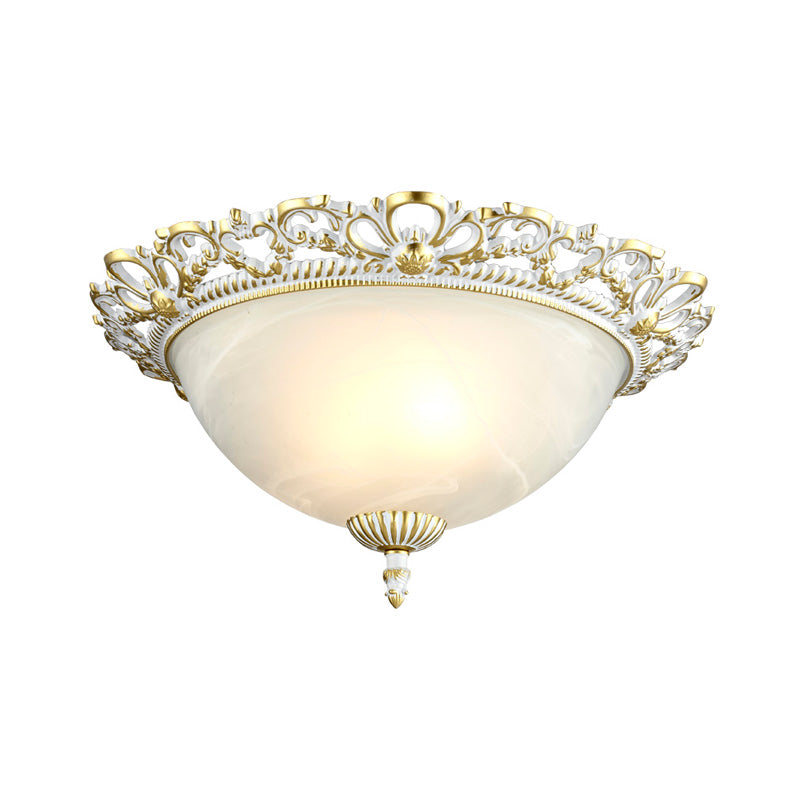 2/3-Light Opal Frosted Glass Flushmount Countryside Brass/White Floral-Trim Dome Hallway Ceiling Lamp, 11"/19.5" Wide Clearhalo 'Ceiling Lights' 'Close To Ceiling Lights' 'Close to ceiling' 'Flush mount' Lighting' 987801