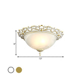 2/3-Light Opal Frosted Glass Flushmount Countryside Brass/White Floral-Trim Dome Hallway Ceiling Lamp, 11"/19.5" Wide Clearhalo 'Ceiling Lights' 'Close To Ceiling Lights' 'Close to ceiling' 'Flush mount' Lighting' 987803