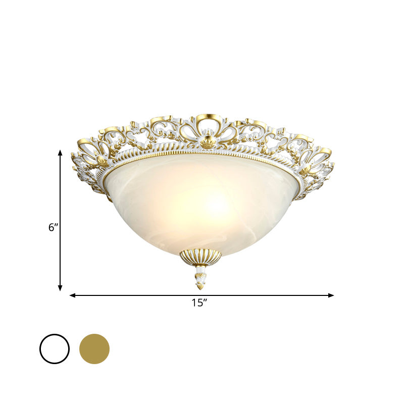 2/3-Light Opal Frosted Glass Flushmount Countryside Brass/White Floral-Trim Dome Hallway Ceiling Lamp, 11"/19.5" Wide Clearhalo 'Ceiling Lights' 'Close To Ceiling Lights' 'Close to ceiling' 'Flush mount' Lighting' 987804