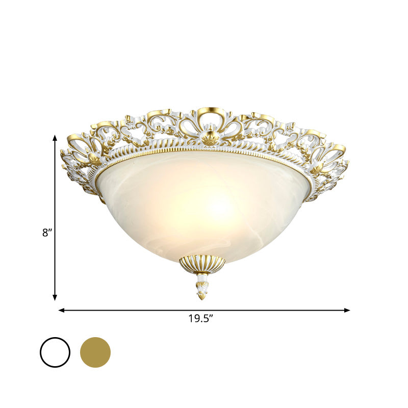2/3-Light Opal Frosted Glass Flushmount Countryside Brass/White Floral-Trim Dome Hallway Ceiling Lamp, 11"/19.5" Wide Clearhalo 'Ceiling Lights' 'Close To Ceiling Lights' 'Close to ceiling' 'Flush mount' Lighting' 987805