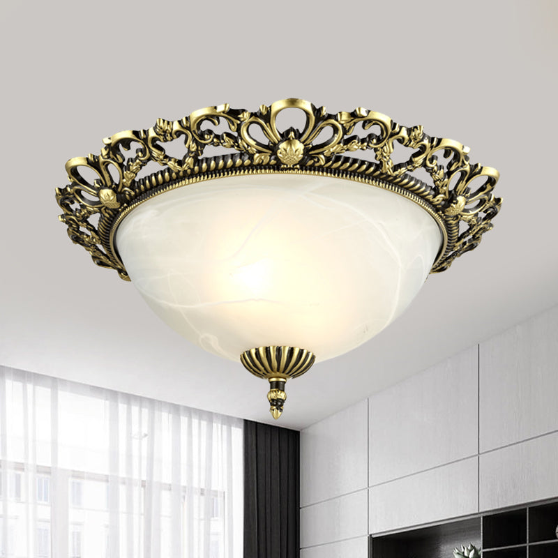 2/3-Light Opal Frosted Glass Flushmount Countryside Brass/White Floral-Trim Dome Hallway Ceiling Lamp, 11"/19.5" Wide Clearhalo 'Ceiling Lights' 'Close To Ceiling Lights' 'Close to ceiling' 'Flush mount' Lighting' 987807