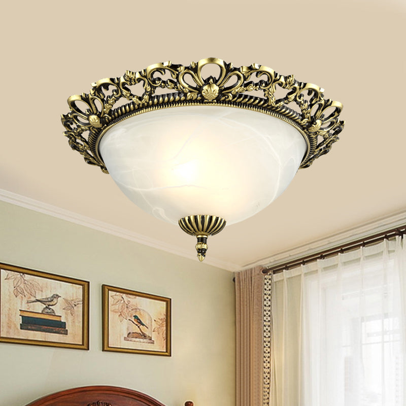 2/3-Light Opal Frosted Glass Flushmount Countryside Brass/White Floral-Trim Dome Hallway Ceiling Lamp, 11"/19.5" Wide Clearhalo 'Ceiling Lights' 'Close To Ceiling Lights' 'Close to ceiling' 'Flush mount' Lighting' 987808