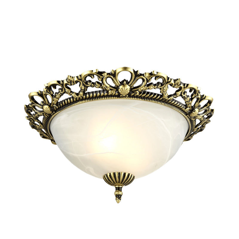 2/3-Light Opal Frosted Glass Flushmount Countryside Brass/White Floral-Trim Dome Hallway Ceiling Lamp, 11"/19.5" Wide Clearhalo 'Ceiling Lights' 'Close To Ceiling Lights' 'Close to ceiling' 'Flush mount' Lighting' 987809