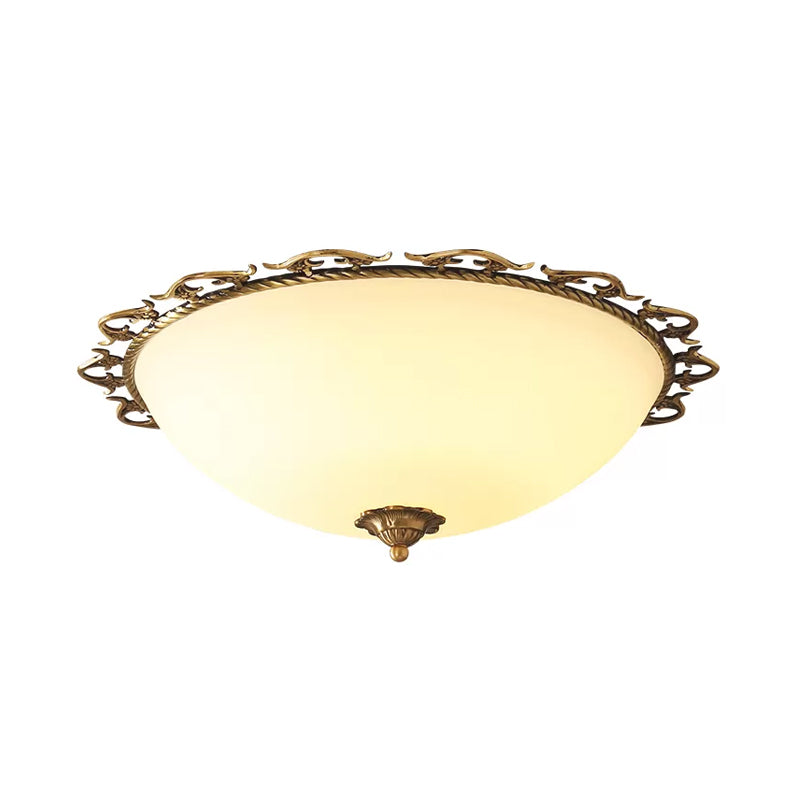 3/5 Bulbs Half-Globe Flush Light Rural Brass Frosted White Glass Ceiling Mount Lamp with Trim Clearhalo 'Ceiling Lights' 'Close To Ceiling Lights' 'Close to ceiling' 'Flush mount' Lighting' 987811