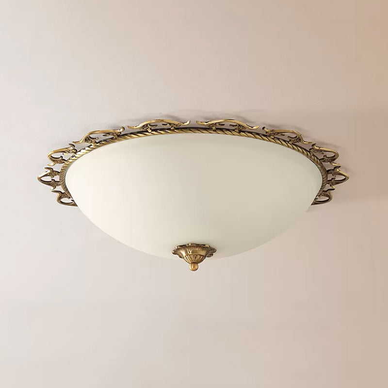3/5 Bulbs Half-Globe Flush Light Rural Brass Frosted White Glass Ceiling Mount Lamp with Trim Clearhalo 'Ceiling Lights' 'Close To Ceiling Lights' 'Close to ceiling' 'Flush mount' Lighting' 987812