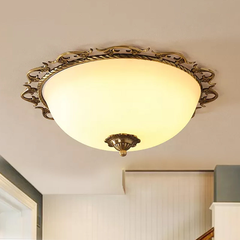 3/5 Bulbs Half-Globe Flush Light Rural Brass Frosted White Glass Ceiling Mount Lamp with Trim 3 Brass Clearhalo 'Ceiling Lights' 'Close To Ceiling Lights' 'Close to ceiling' 'Flush mount' Lighting' 987814