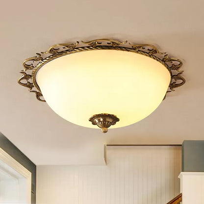 3/5 Bulbs Half-Globe Flush Light Rural Brass Frosted White Glass Ceiling Mount Lamp with Trim 3 Brass Clearhalo 'Ceiling Lights' 'Close To Ceiling Lights' 'Close to ceiling' 'Flush mount' Lighting' 987814