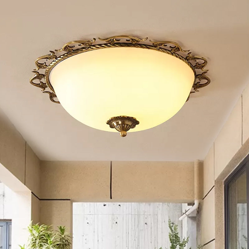 3/5 Bulbs Half-Globe Flush Light Rural Brass Frosted White Glass Ceiling Mount Lamp with Trim Clearhalo 'Ceiling Lights' 'Close To Ceiling Lights' 'Close to ceiling' 'Flush mount' Lighting' 987815