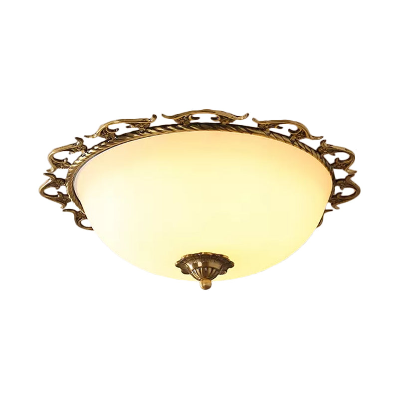 3/5 Bulbs Half-Globe Flush Light Rural Brass Frosted White Glass Ceiling Mount Lamp with Trim Clearhalo 'Ceiling Lights' 'Close To Ceiling Lights' 'Close to ceiling' 'Flush mount' Lighting' 987816