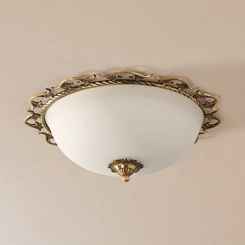 3/5 Bulbs Half-Globe Flush Light Rural Brass Frosted White Glass Ceiling Mount Lamp with Trim Clearhalo 'Ceiling Lights' 'Close To Ceiling Lights' 'Close to ceiling' 'Flush mount' Lighting' 987817