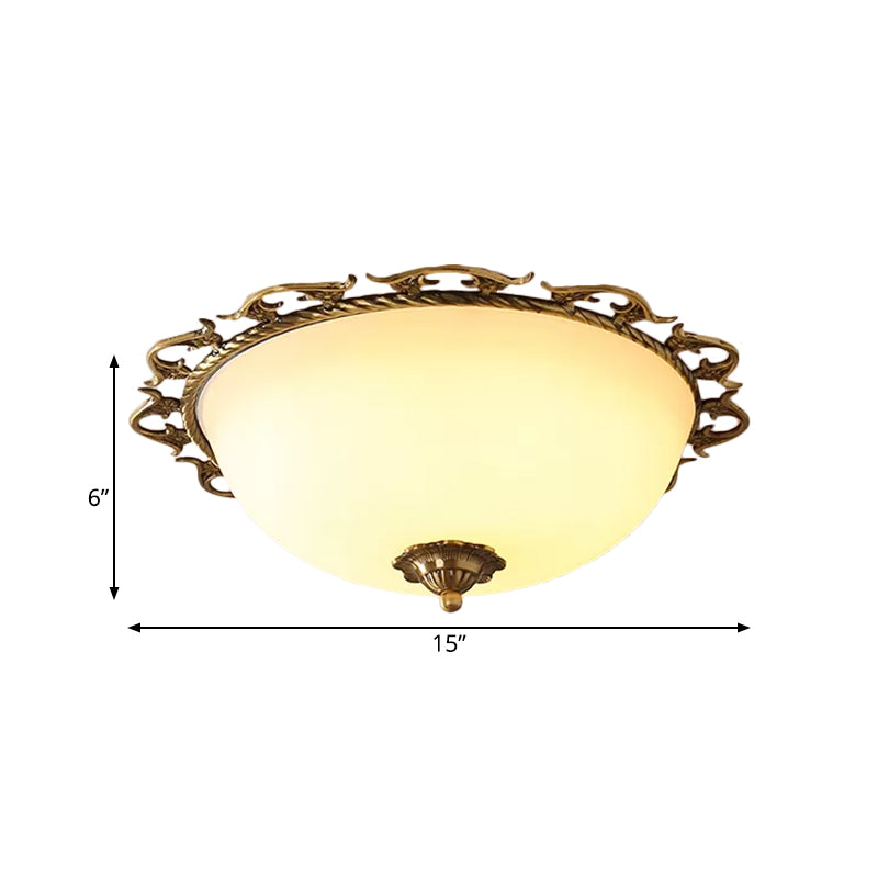 3/5 Bulbs Half-Globe Flush Light Rural Brass Frosted White Glass Ceiling Mount Lamp with Trim Clearhalo 'Ceiling Lights' 'Close To Ceiling Lights' 'Close to ceiling' 'Flush mount' Lighting' 987818