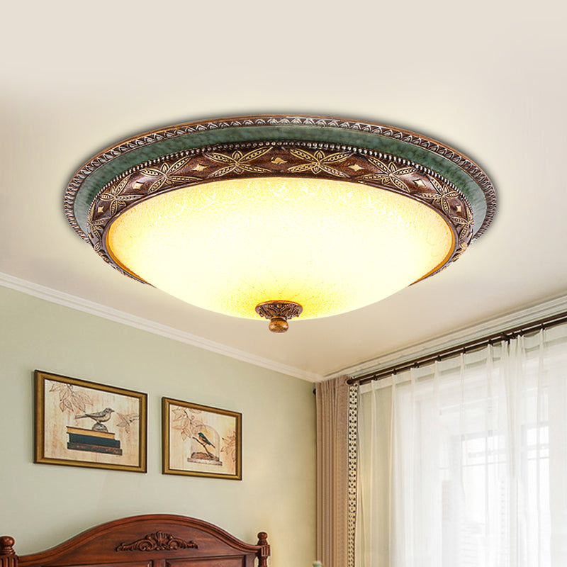 Vintage Shallow Bowl Ceiling Lighting Opaline Glass LED Flush Mount Light Fixture in Green and Brown Green Clearhalo 'Ceiling Lights' 'Close To Ceiling Lights' 'Close to ceiling' 'Flush mount' Lighting' 987823