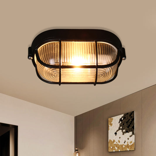 1 Bulb Half-Capsule Mini Flush Light Farmhouse Black Ribbed Glass Ceiling Lamp with Wire Cage Black Clearhalo 'Ceiling Lights' 'Close To Ceiling Lights' 'Close to ceiling' 'Flush mount' Lighting' 987901