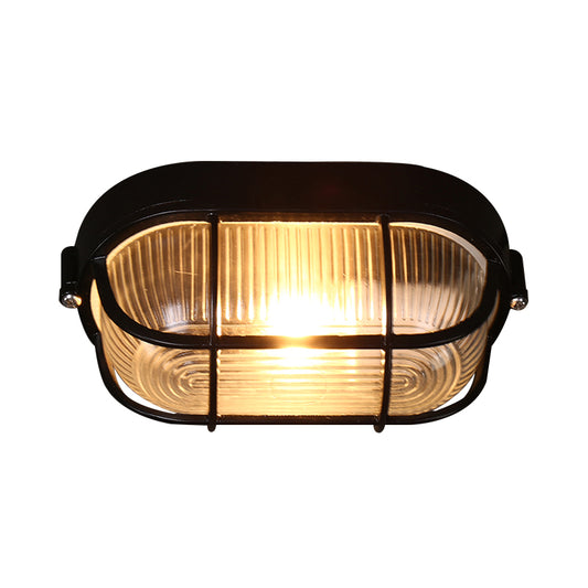 1 Bulb Half-Capsule Mini Flush Light Farmhouse Black Ribbed Glass Ceiling Lamp with Wire Cage Clearhalo 'Ceiling Lights' 'Close To Ceiling Lights' 'Close to ceiling' 'Flush mount' Lighting' 987902