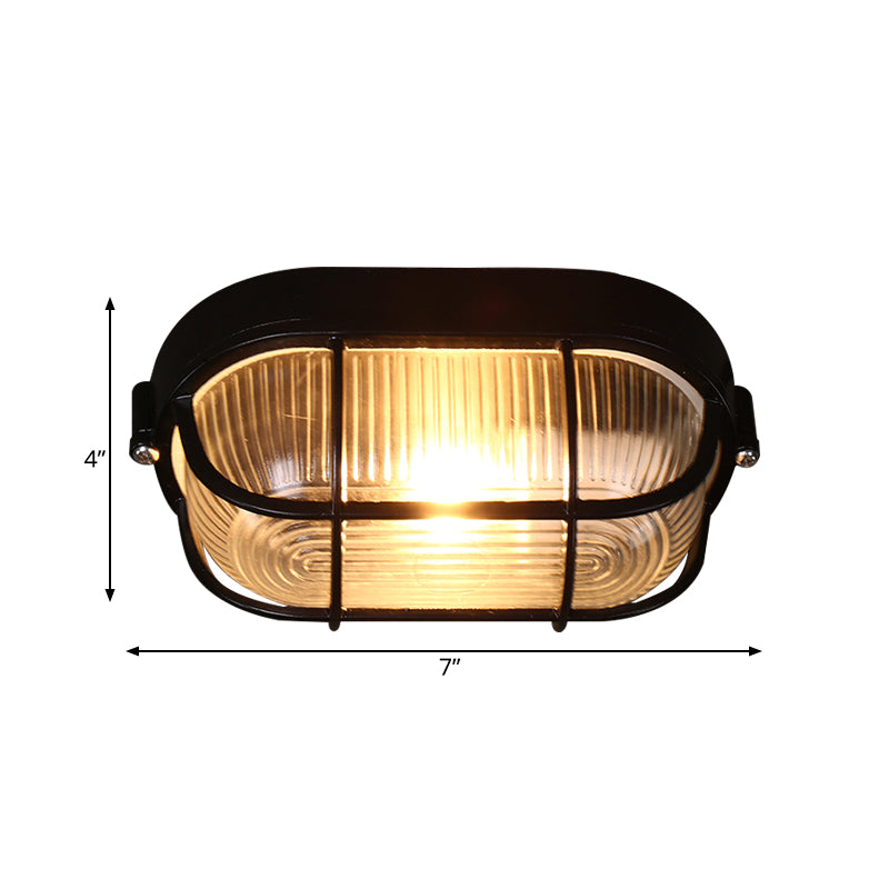 1 Bulb Half-Capsule Mini Flush Light Farmhouse Black Ribbed Glass Ceiling Lamp with Wire Cage Clearhalo 'Ceiling Lights' 'Close To Ceiling Lights' 'Close to ceiling' 'Flush mount' Lighting' 987904