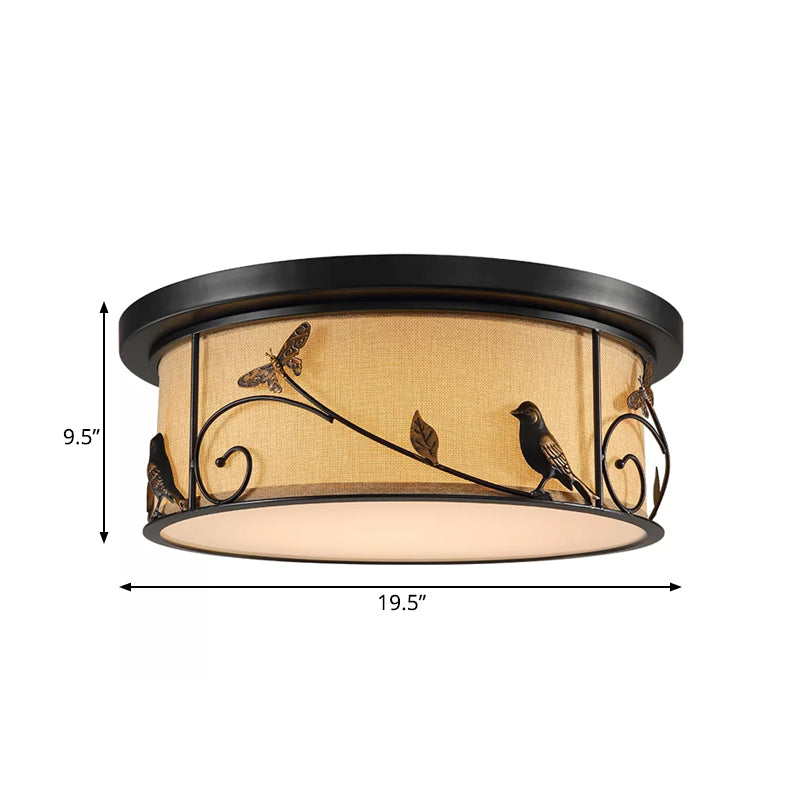 Drum Fabric Ceiling Flush Mount Cottage Bedroom LED Flushmount Lighting with Pastoral Scene Decor in Black Clearhalo 'Ceiling Lights' 'Close To Ceiling Lights' 'Close to ceiling' 'Flush mount' Lighting' 987908